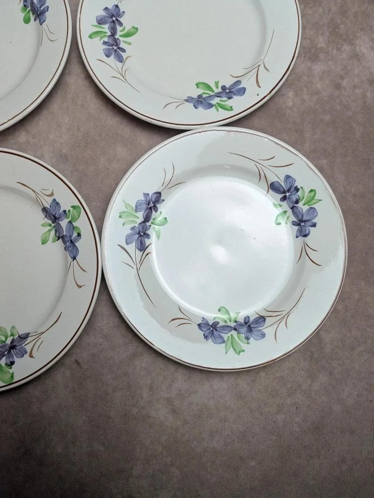 Lot de 9 pratos antigos de terra de fer – Opaque de Bordeaux – decoração floral pintada à mão – photo 7